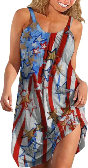 4th of July Dresses for Women Summer Casual Sleeveless Beach Flowy Sundress Patriotic American Flag Stars Tank Dress