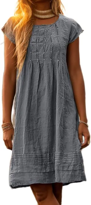 Akivide Women's Cotton Linen Dress Casual Short Sleeve Crew Neck Ruched Flowy Summer Beach Sundress Loose Midi Dress