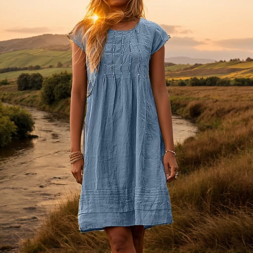 Akivide Women's Cotton Linen Dress Casual Short Sleeve Crew Neck Ruched Flowy Summer Beach Sundress Loose Midi Dress