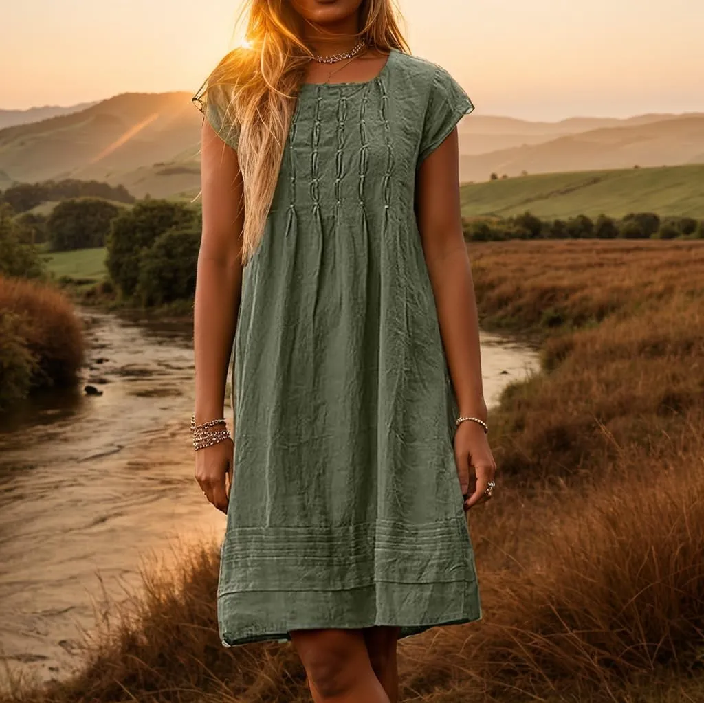Akivide Women's Cotton Linen Dress Casual Short Sleeve Crew Neck Ruched Flowy Summer Beach Sundress Loose Midi Dress