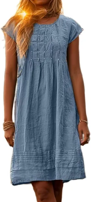 Akivide Women's Cotton Linen Dress Casual Short Sleeve Crew Neck Ruched Flowy Summer Beach Sundress Loose Midi Dress