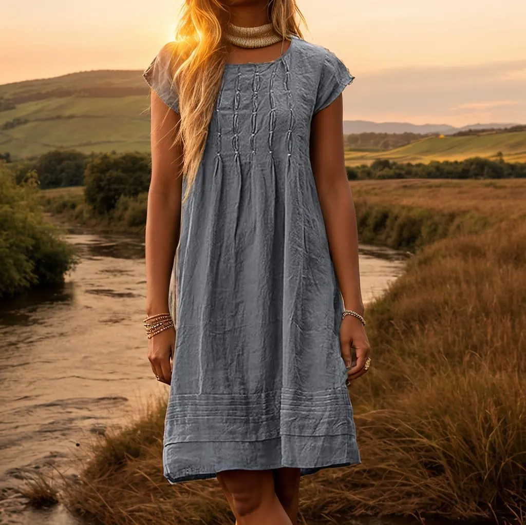 Akivide Women's Cotton Linen Dress Casual Short Sleeve Crew Neck Ruched Flowy Summer Beach Sundress Loose Midi Dress