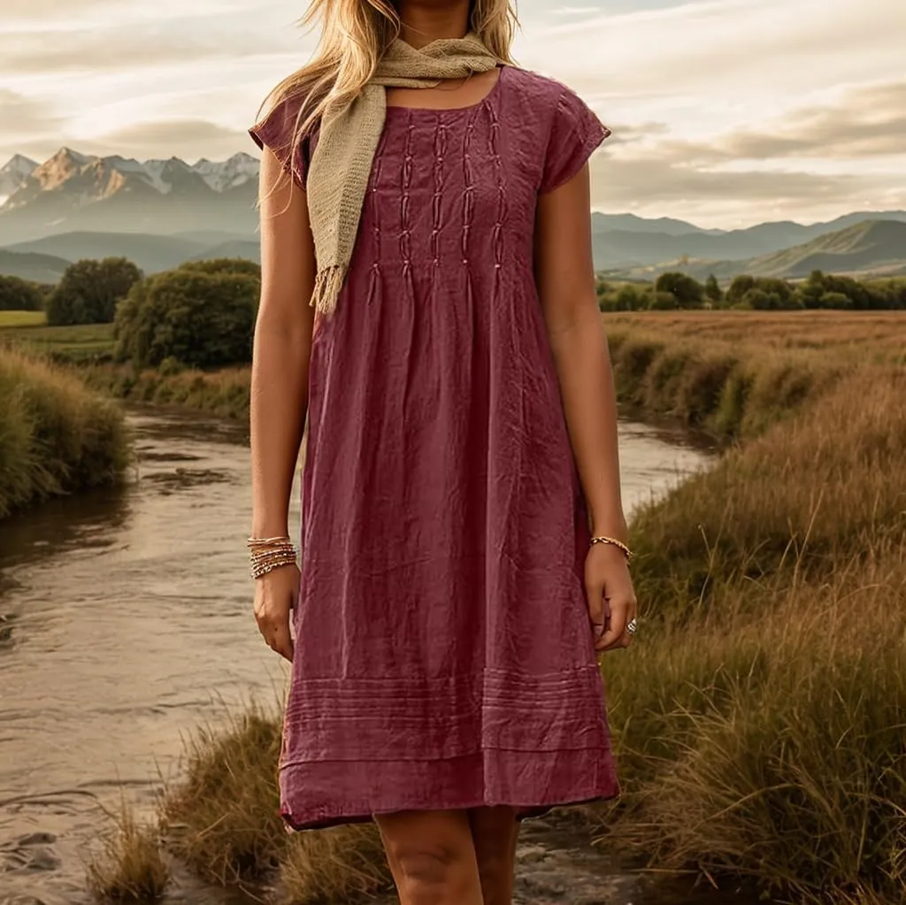 Akivide Women's Cotton Linen Dress Casual Short Sleeve Crew Neck Ruched Flowy Summer Beach Sundress Loose Midi Dress