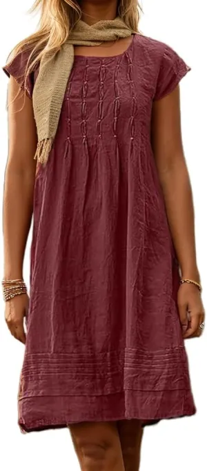 Akivide Women's Cotton Linen Dress Casual Short Sleeve Crew Neck Ruched Flowy Summer Beach Sundress Loose Midi Dress