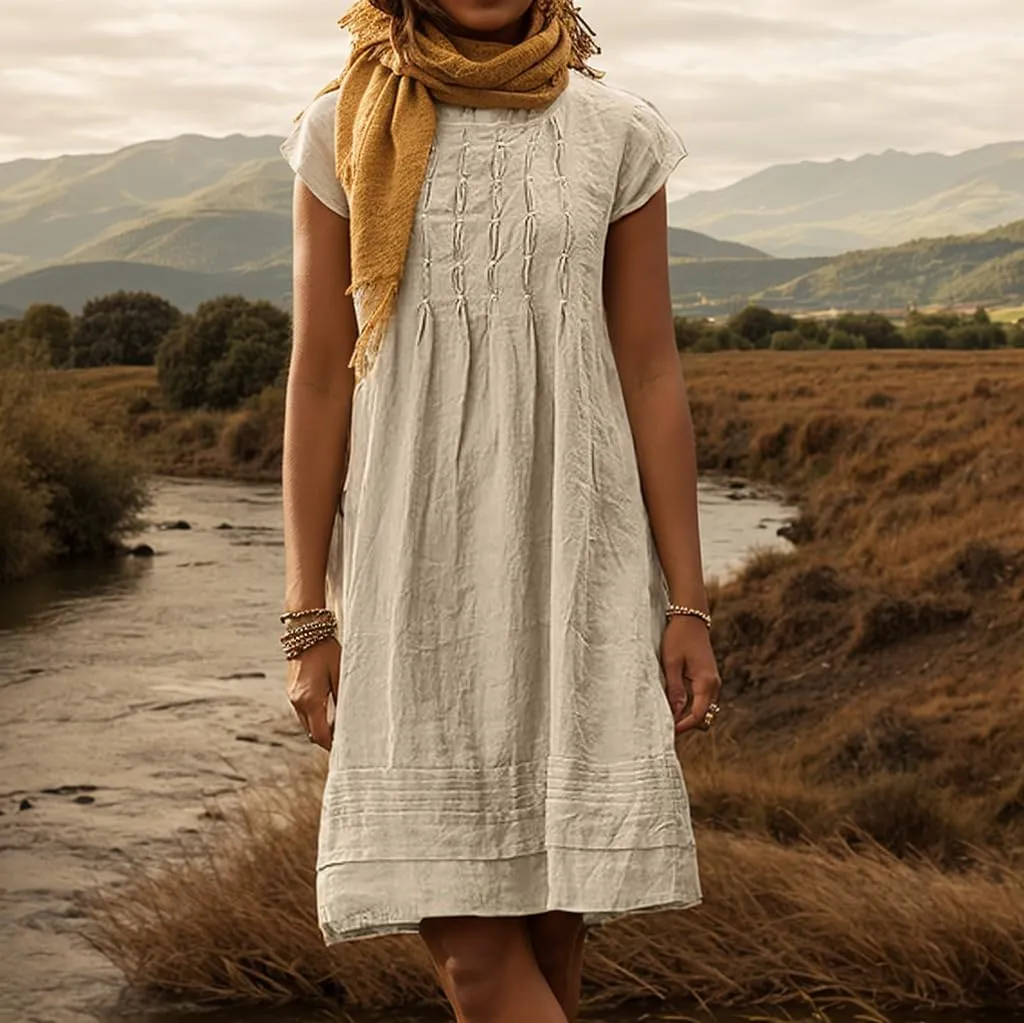 Akivide Women's Cotton Linen Dress Casual Short Sleeve Crew Neck Ruched Flowy Summer Beach Sundress Loose Midi Dress