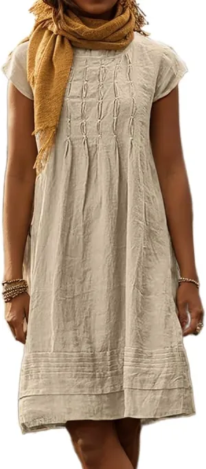 Akivide Women's Cotton Linen Dress Casual Short Sleeve Crew Neck Ruched Flowy Summer Beach Sundress Loose Midi Dress