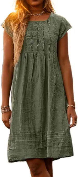 Akivide Women's Cotton Linen Dress Casual Short Sleeve Crew Neck Ruched Flowy Summer Beach Sundress Loose Midi Dress