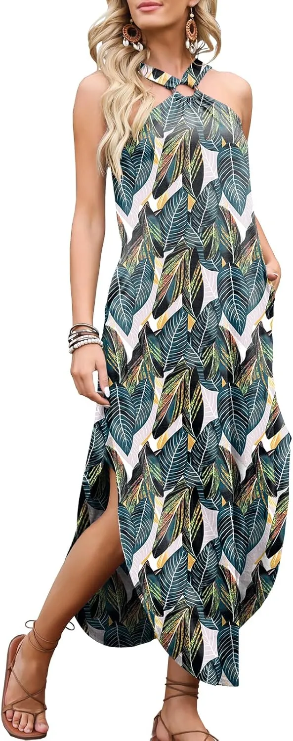 ANRABESS Women Summer Halter Neck Sundress Sleeveless Split Side Casual Beach Travel Vacation Maxi Long Dress with Pockets