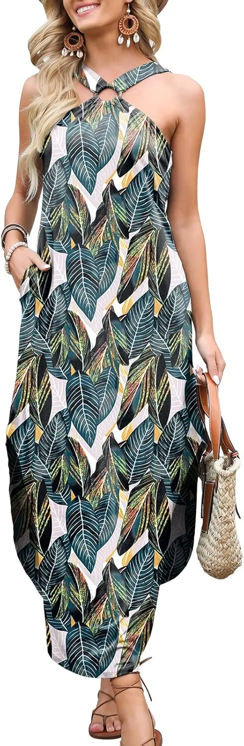 ANRABESS Women Summer Halter Neck Sundress Sleeveless Split Side Casual Beach Travel Vacation Maxi Long Dress with Pockets