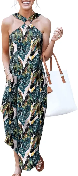 ANRABESS Women Summer Halter Neck Sundress Sleeveless Split Side Casual Beach Travel Vacation Maxi Long Dress with Pockets