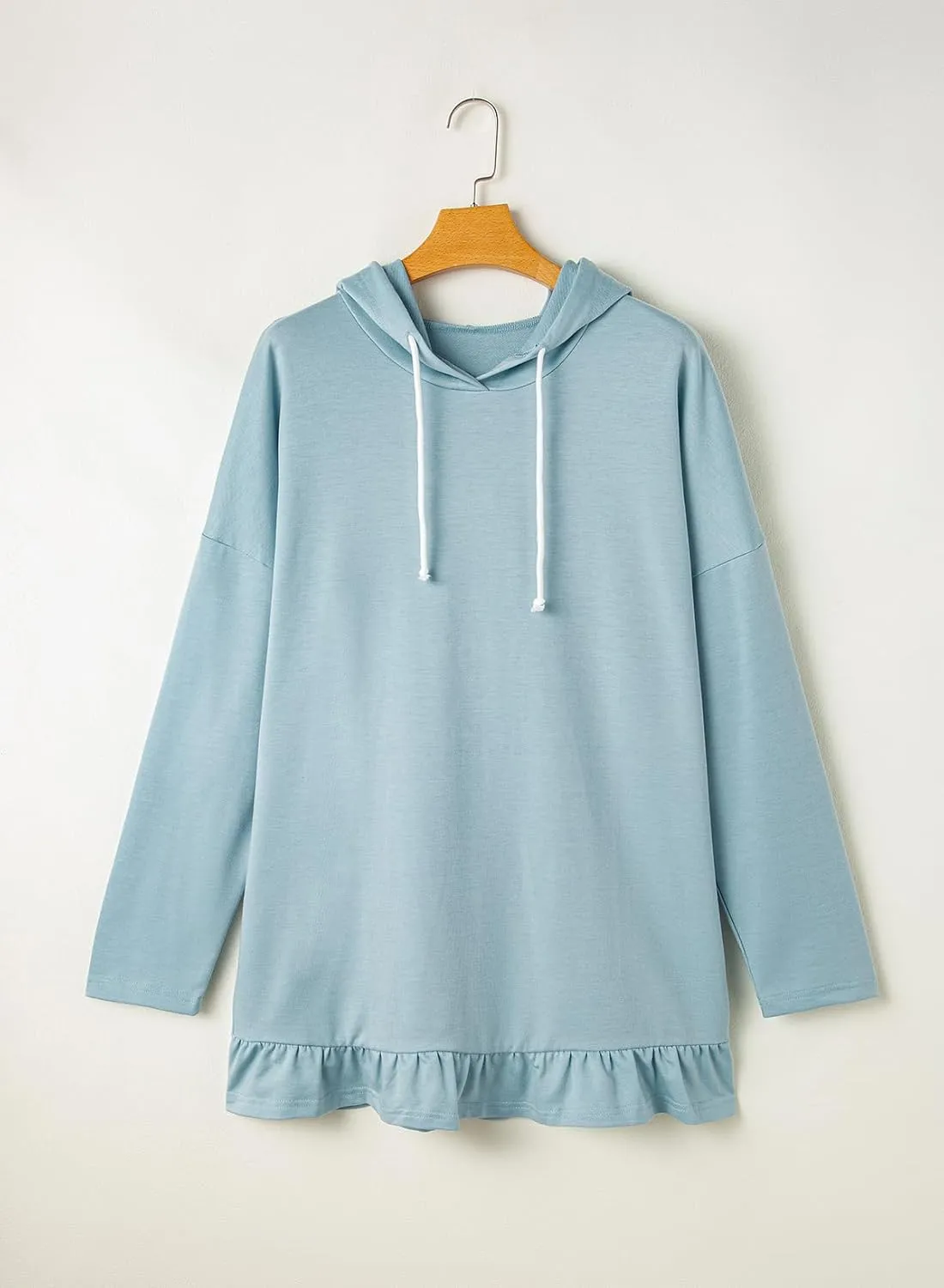 Apvirdy Women's Solid Sweatshirt Hooded Casual Ruffled Hem Peplum Loose Tunic Top Drawstring Long Sleeves Pullover Hoodies