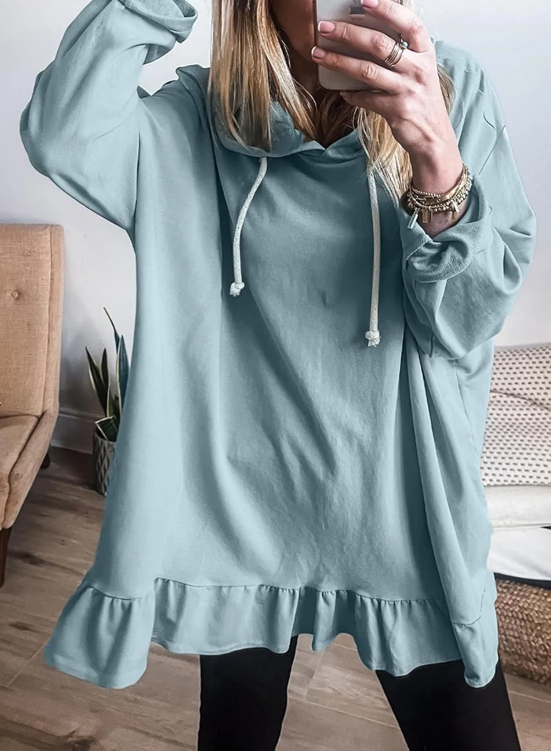 Apvirdy Women's Solid Sweatshirt Hooded Casual Ruffled Hem Peplum Loose Tunic Top Drawstring Long Sleeves Pullover Hoodies
