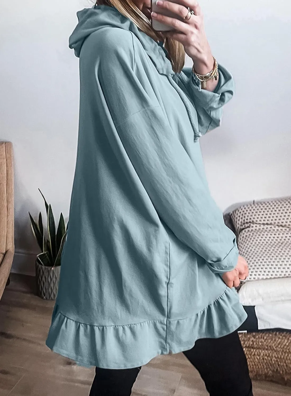 Apvirdy Women's Solid Sweatshirt Hooded Casual Ruffled Hem Peplum Loose Tunic Top Drawstring Long Sleeves Pullover Hoodies