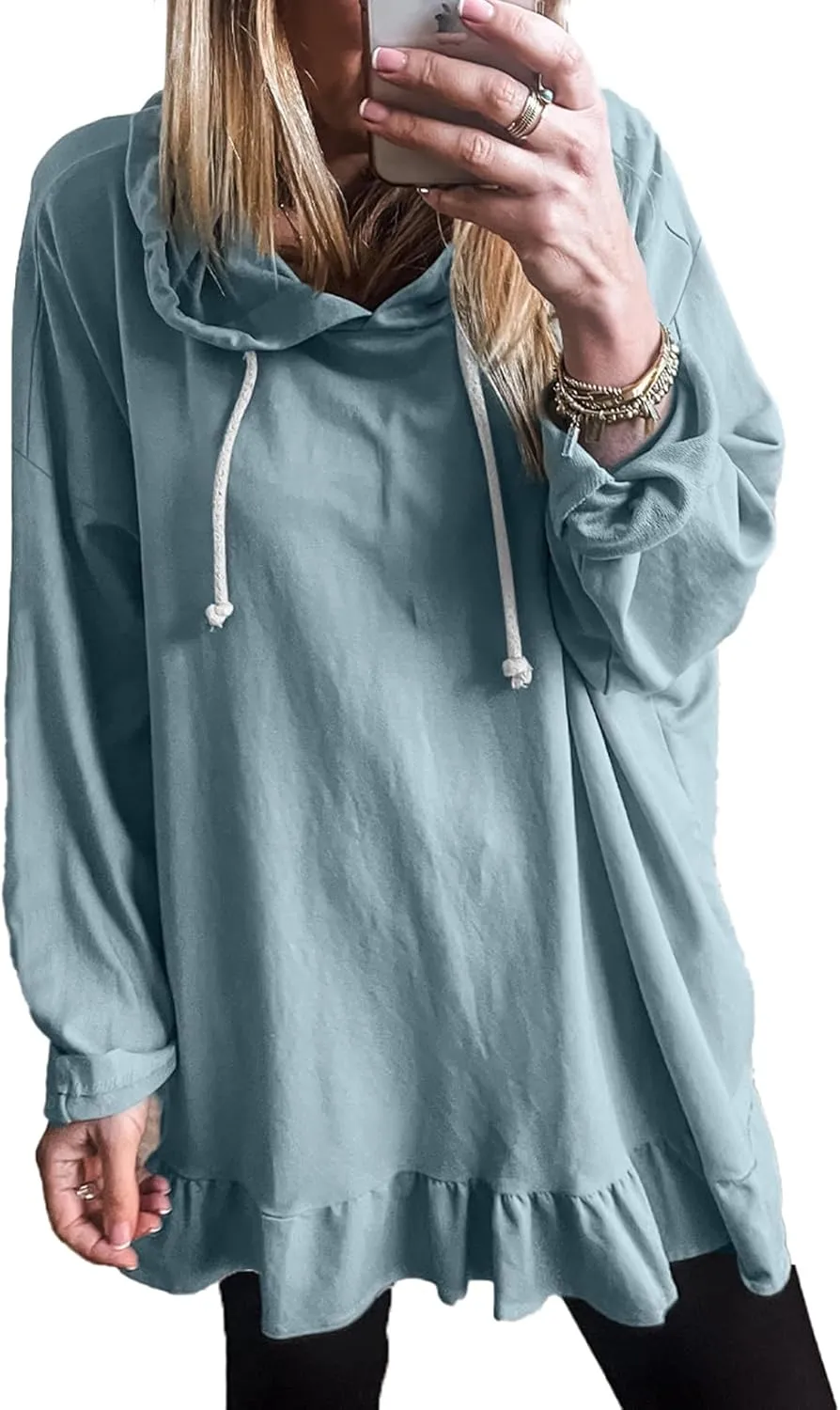 Apvirdy Women's Solid Sweatshirt Hooded Casual Ruffled Hem Peplum Loose Tunic Top Drawstring Long Sleeves Pullover Hoodies