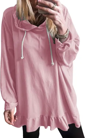 Apvirdy Women's Solid Sweatshirt Hooded Casual Ruffled Hem Peplum Loose Tunic Top Drawstring Long Sleeves Pullover Hoodies