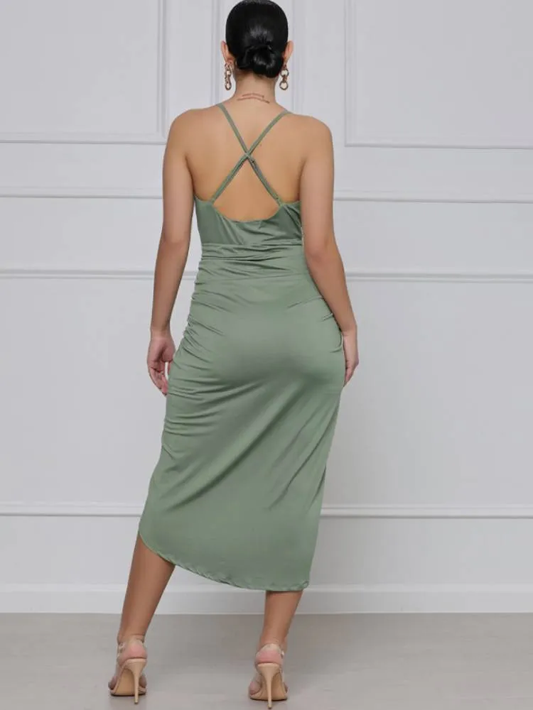 Backless Spaghetti Strap Ruched Midi Dresses