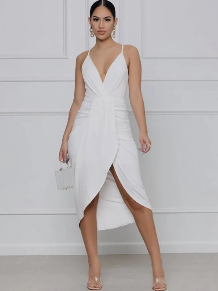 Backless Spaghetti Strap Ruched Midi Dresses