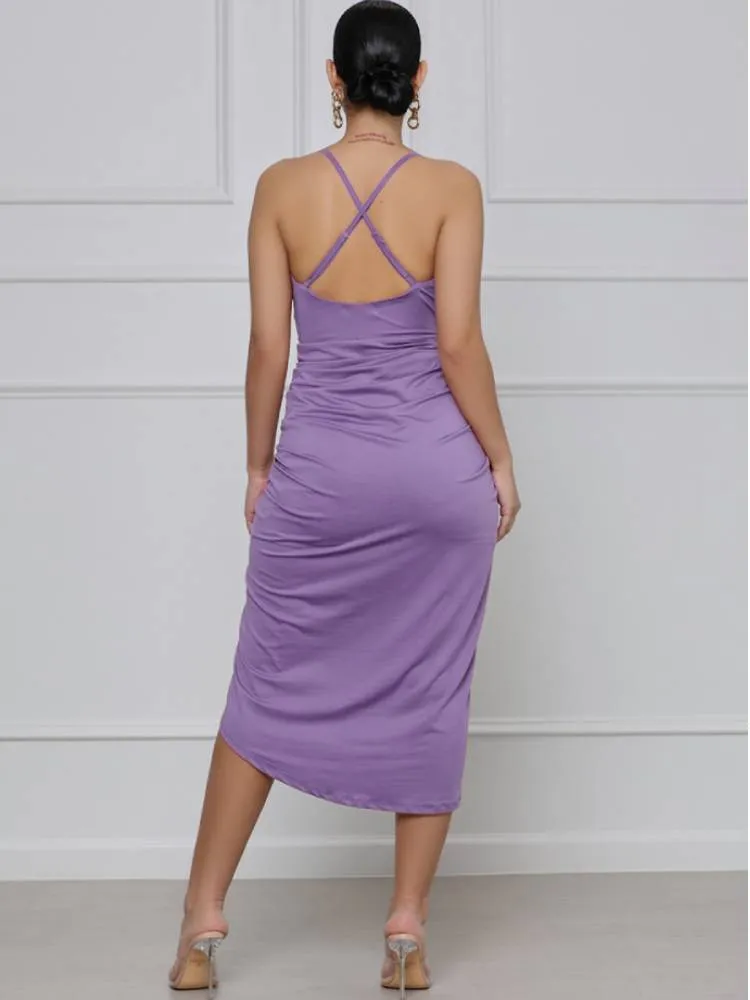 Backless Spaghetti Strap Ruched Midi Dresses