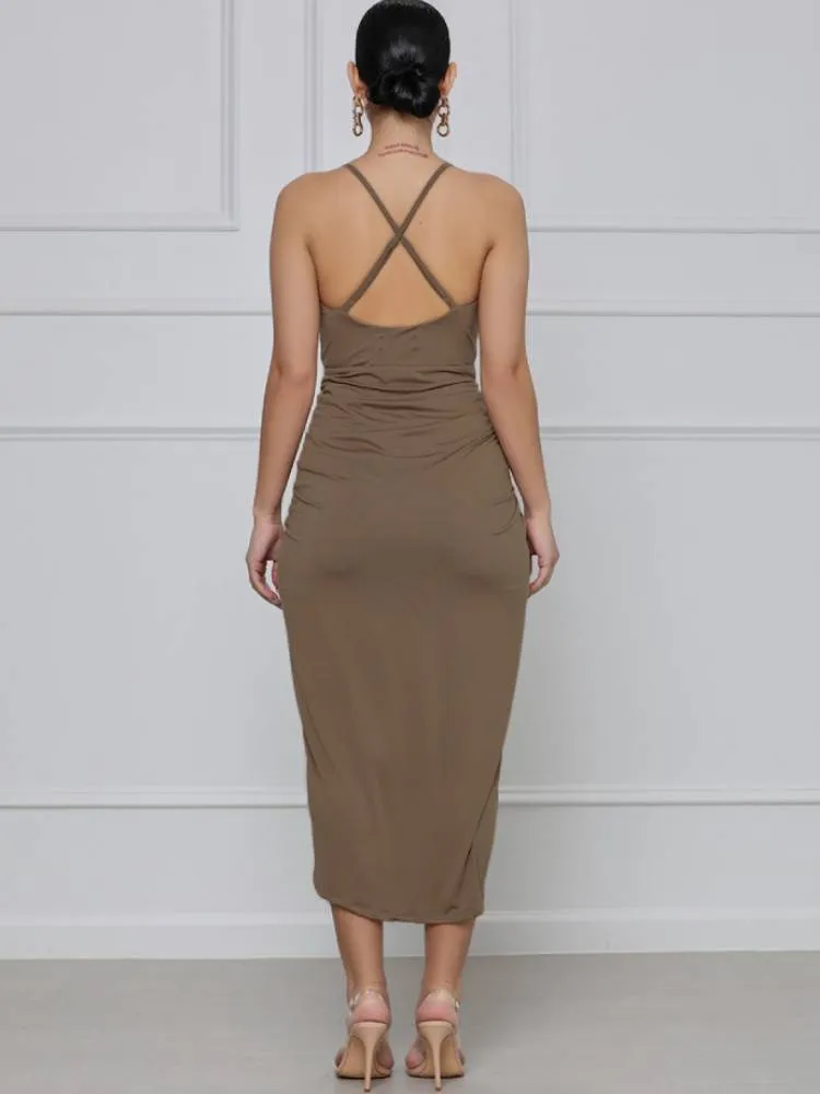Backless Spaghetti Strap Ruched Midi Dresses