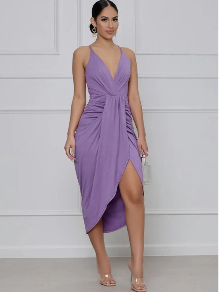 Backless Spaghetti Strap Ruched Midi Dresses