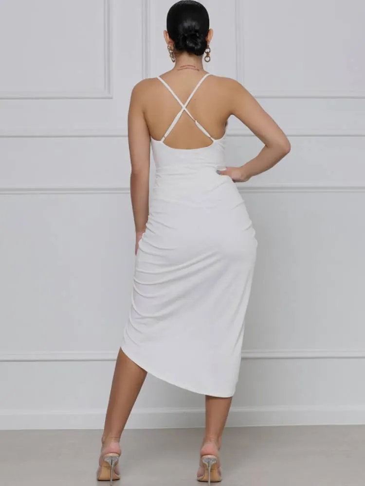 Backless Spaghetti Strap Ruched Midi Dresses