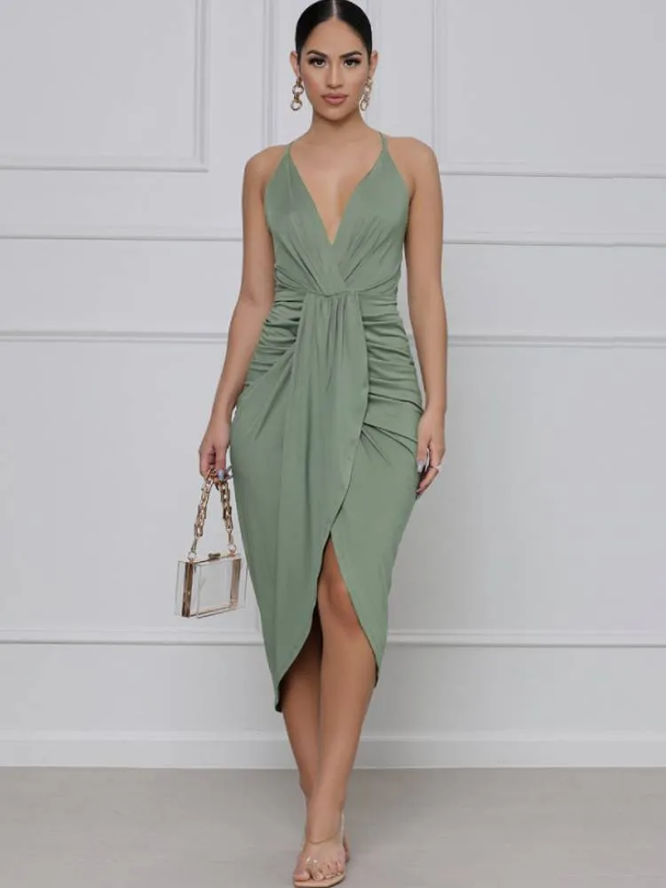 Backless Spaghetti Strap Ruched Midi Dresses