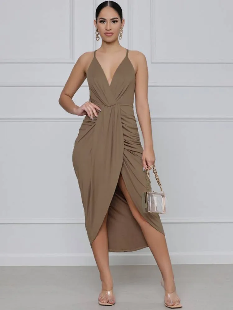 Backless Spaghetti Strap Ruched Midi Dresses