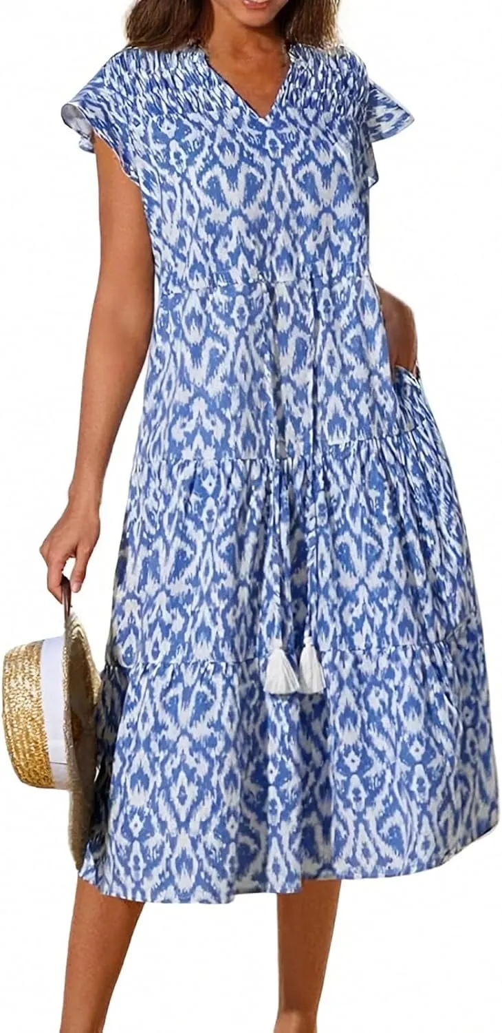 Beach Vacation Clothes for Women Summer Casual Trendy Short Sleeve V-Neck Floral Print Flowy Maxi Dresses, S-2XL