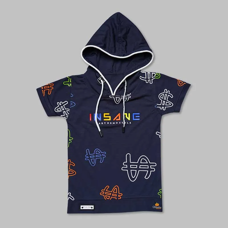 Black Blue T-shirts for Boys with Hoodie Pattern
