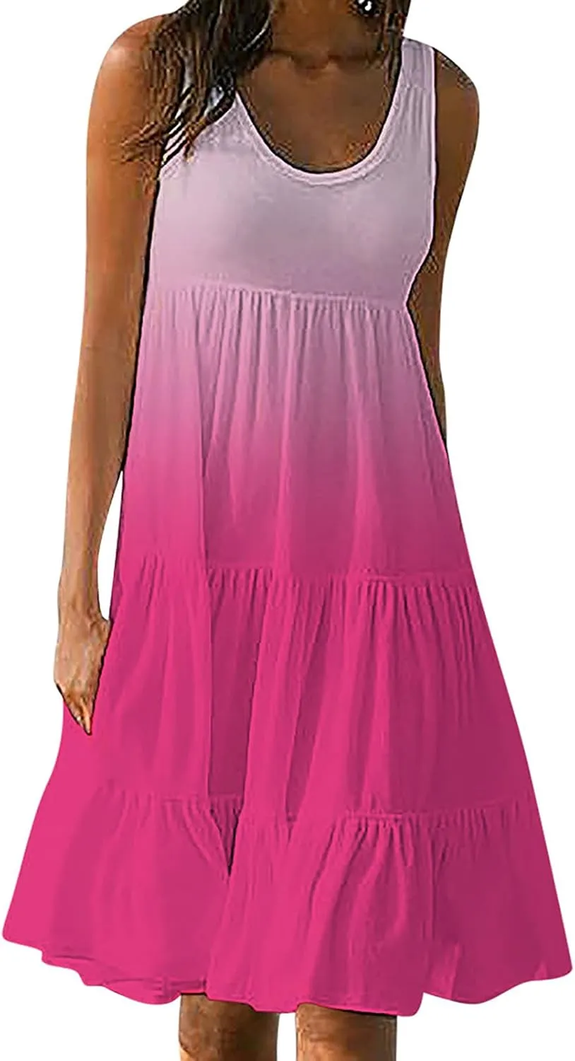 BOXIACEY Cute Sundresses for Women Summer 2024 Flowy Pleated Tank Dress Boho Cover Up Beach Dresses Trendy Mini Sun Dress