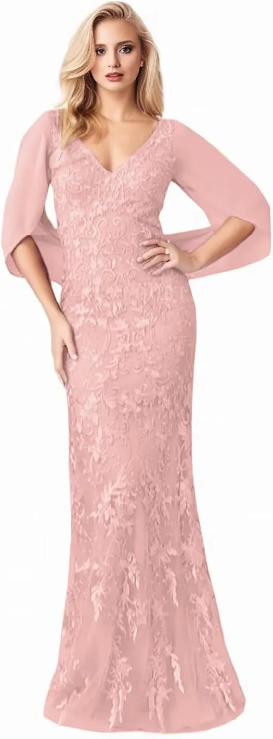 Cape Sleeves Mother of The Bride Dresses for Wedding Lace Appliques V-Neck Chiffon Mermaid Maxi Formal Evening Gowns