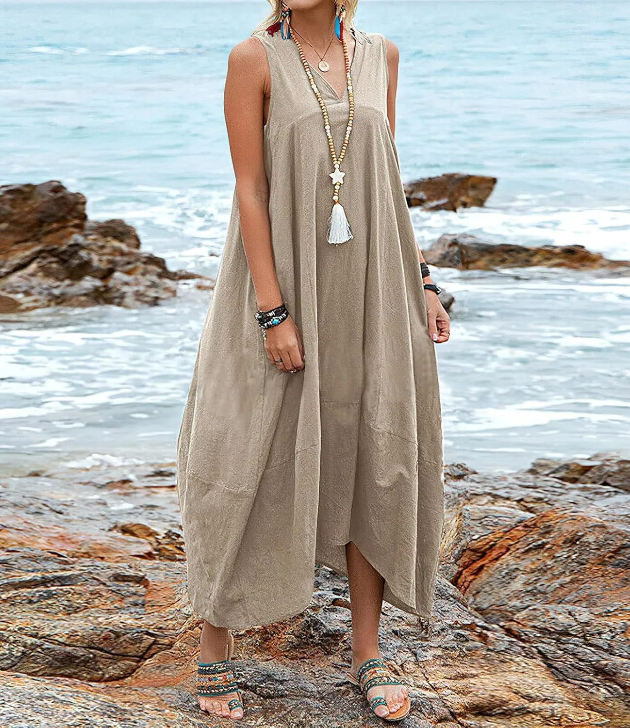 chouyatou Women's Summer Lace Back Cotton Linen Tank Dress Casual Sleeveless Midi Long Tunic Beach Dress