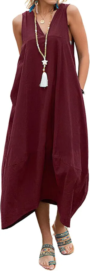 chouyatou Women's Summer Lace Back Cotton Linen Tank Dress Casual Sleeveless Midi Long Tunic Beach Dress