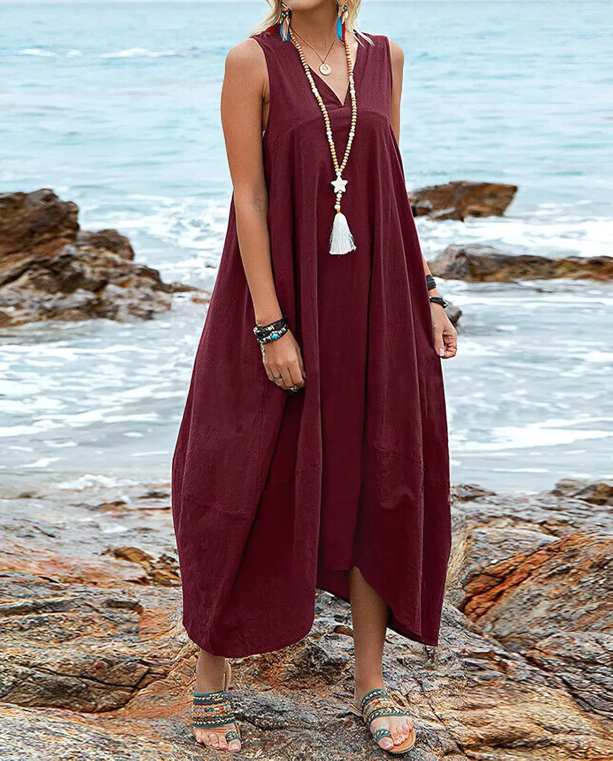 chouyatou Women's Summer Lace Back Cotton Linen Tank Dress Casual Sleeveless Midi Long Tunic Beach Dress