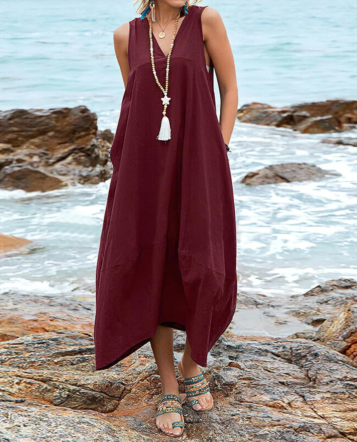 chouyatou Women's Summer Lace Back Cotton Linen Tank Dress Casual Sleeveless Midi Long Tunic Beach Dress
