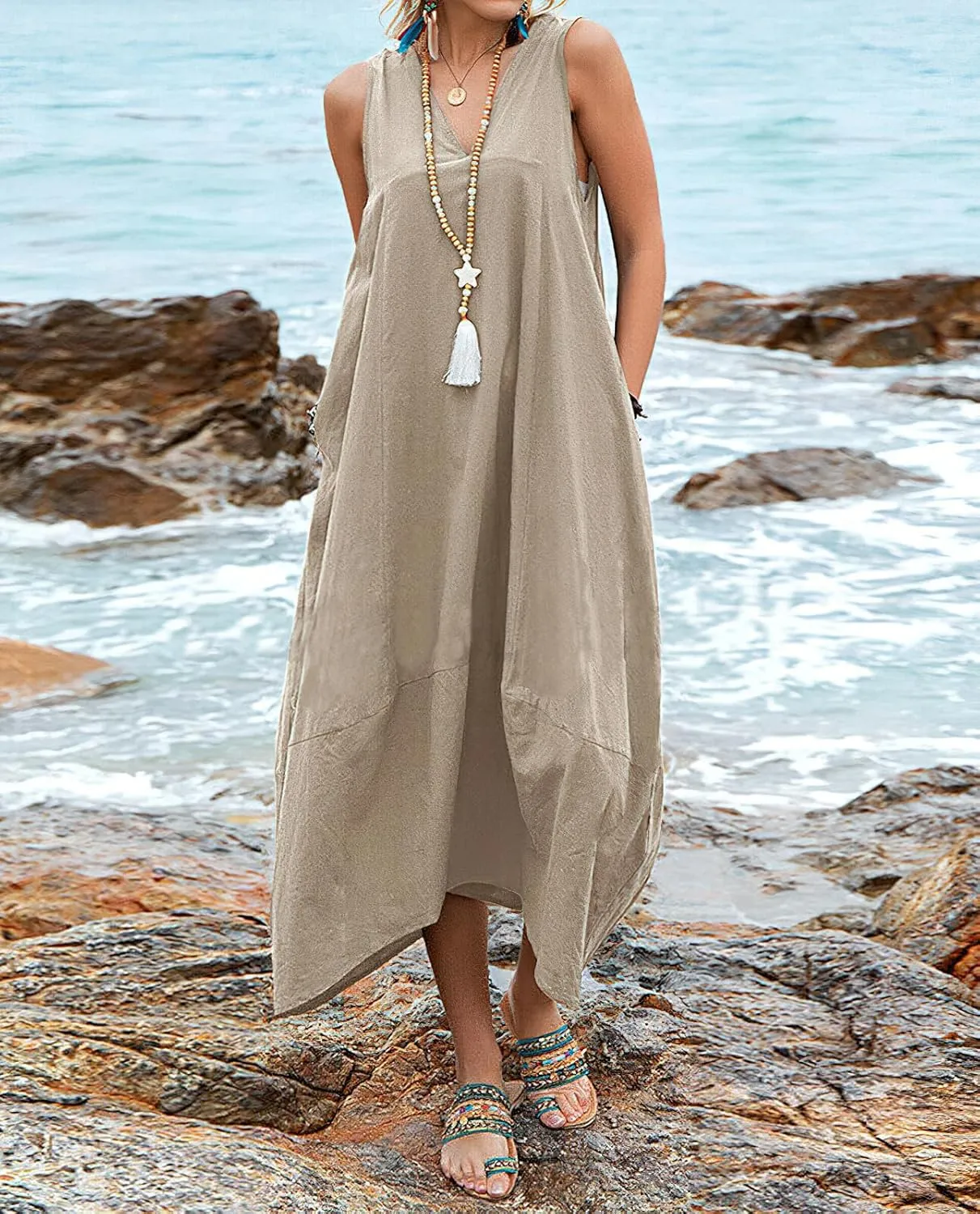 chouyatou Women's Summer Lace Back Cotton Linen Tank Dress Casual Sleeveless Midi Long Tunic Beach Dress