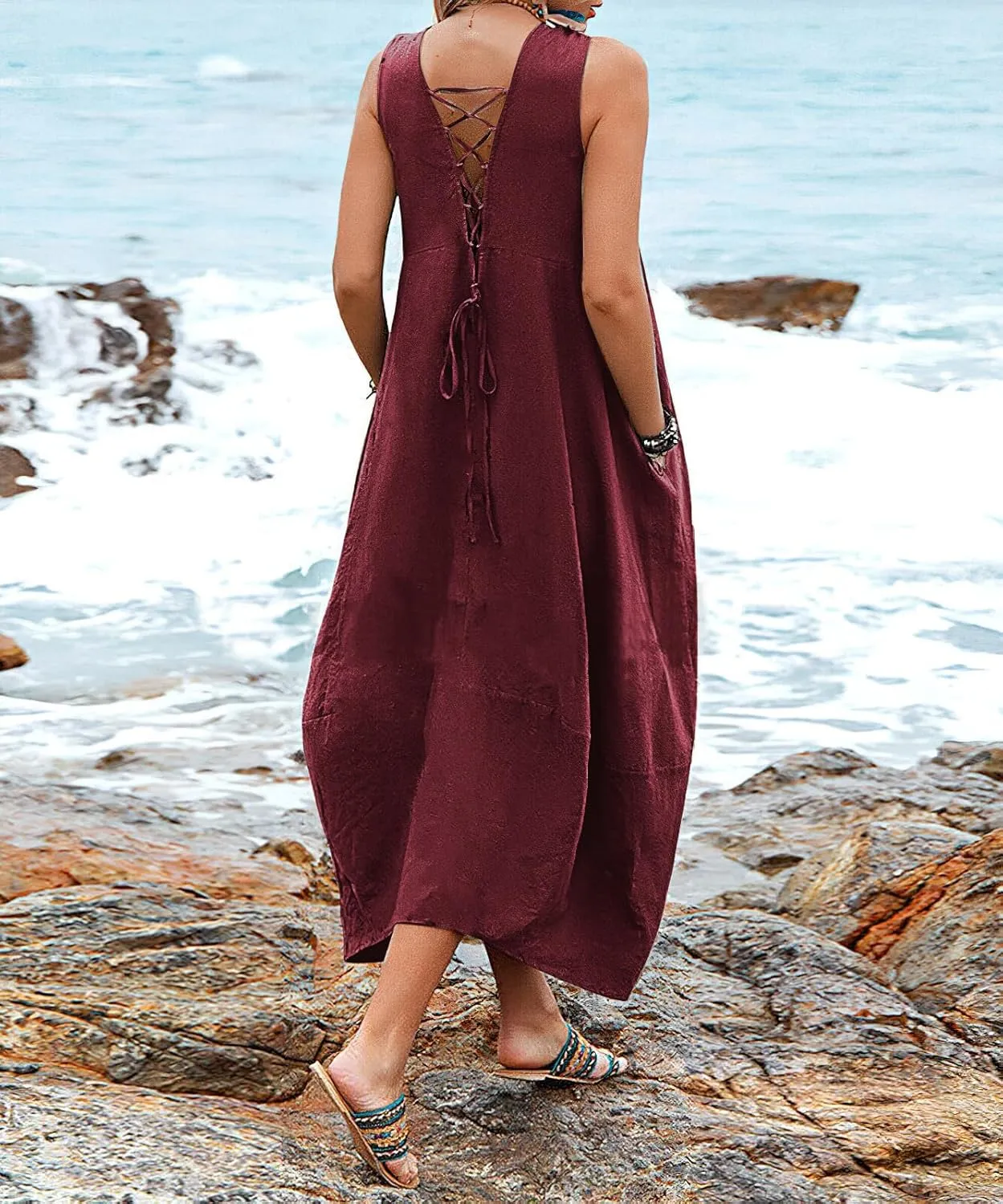 chouyatou Women's Summer Lace Back Cotton Linen Tank Dress Casual Sleeveless Midi Long Tunic Beach Dress