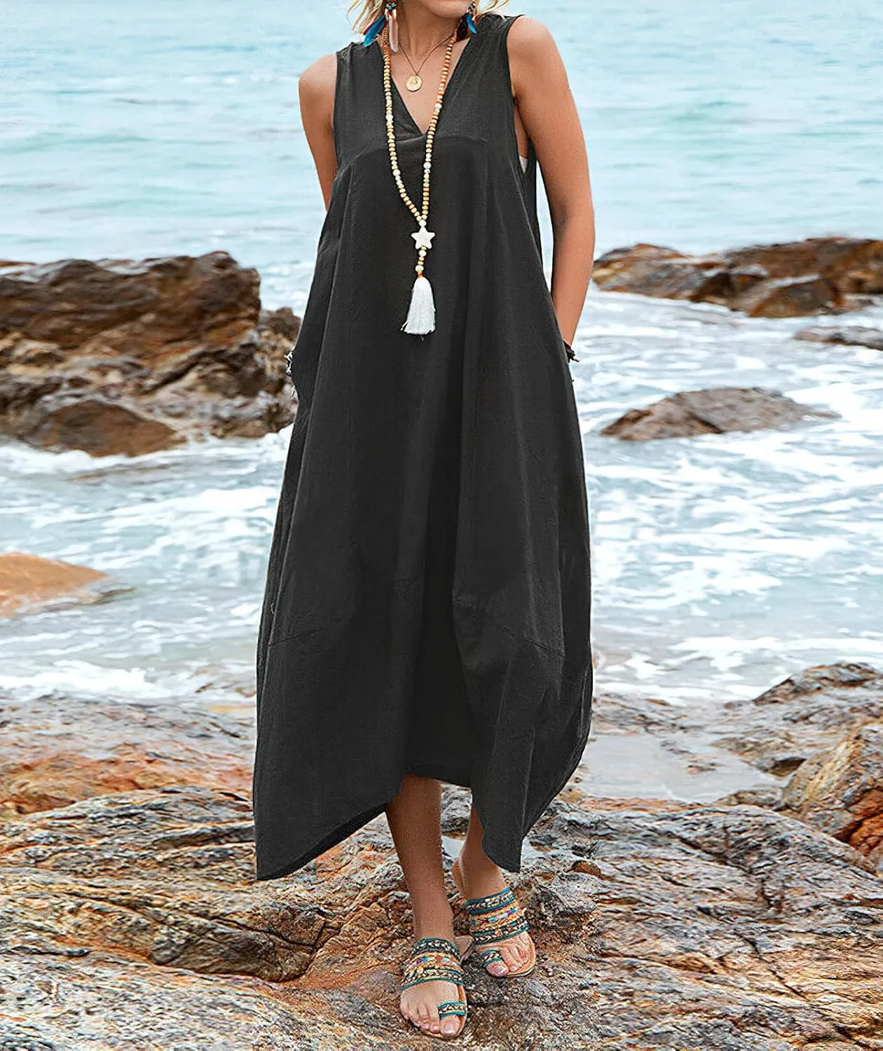chouyatou Women's Summer Lace Back Cotton Linen Tank Dress Casual Sleeveless Midi Long Tunic Beach Dress