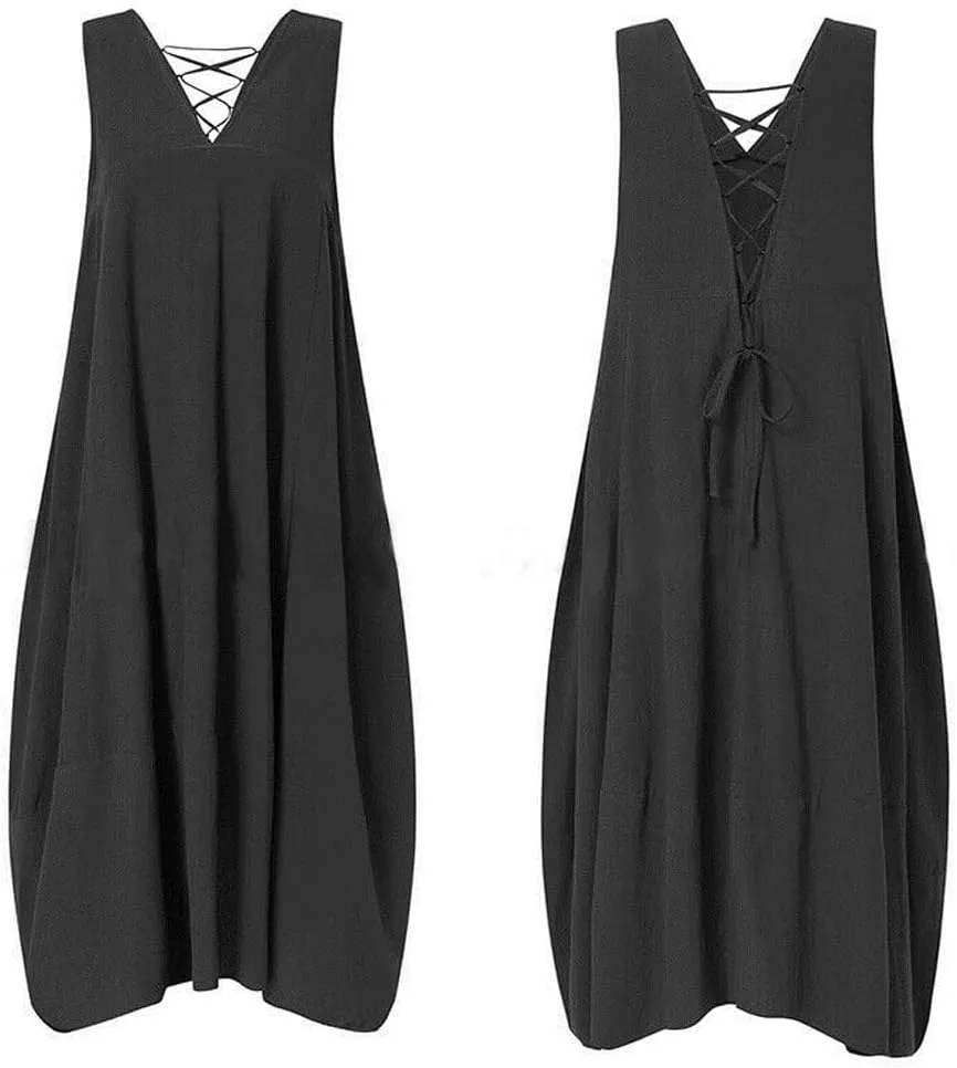chouyatou Women's Summer Lace Back Cotton Linen Tank Dress Casual Sleeveless Midi Long Tunic Beach Dress
