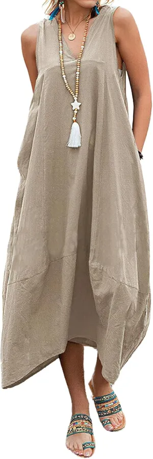 chouyatou Women's Summer Lace Back Cotton Linen Tank Dress Casual Sleeveless Midi Long Tunic Beach Dress