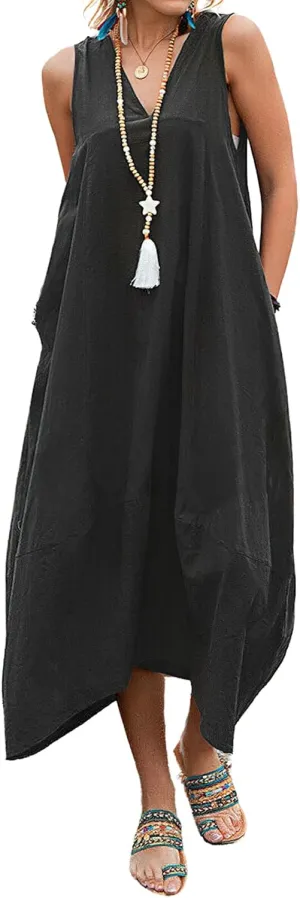 chouyatou Women's Summer Lace Back Cotton Linen Tank Dress Casual Sleeveless Midi Long Tunic Beach Dress