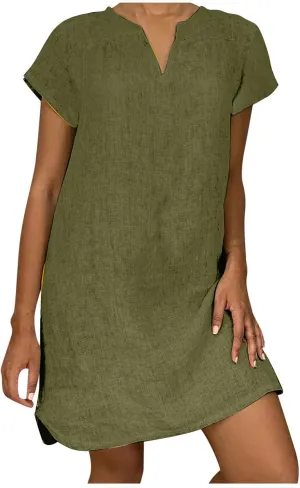 Cotton Dresses for Women 2025 Cap Sleeve Comfy Linen Dress Summer V Neck Beach Vacation Travel Dresses Clothes