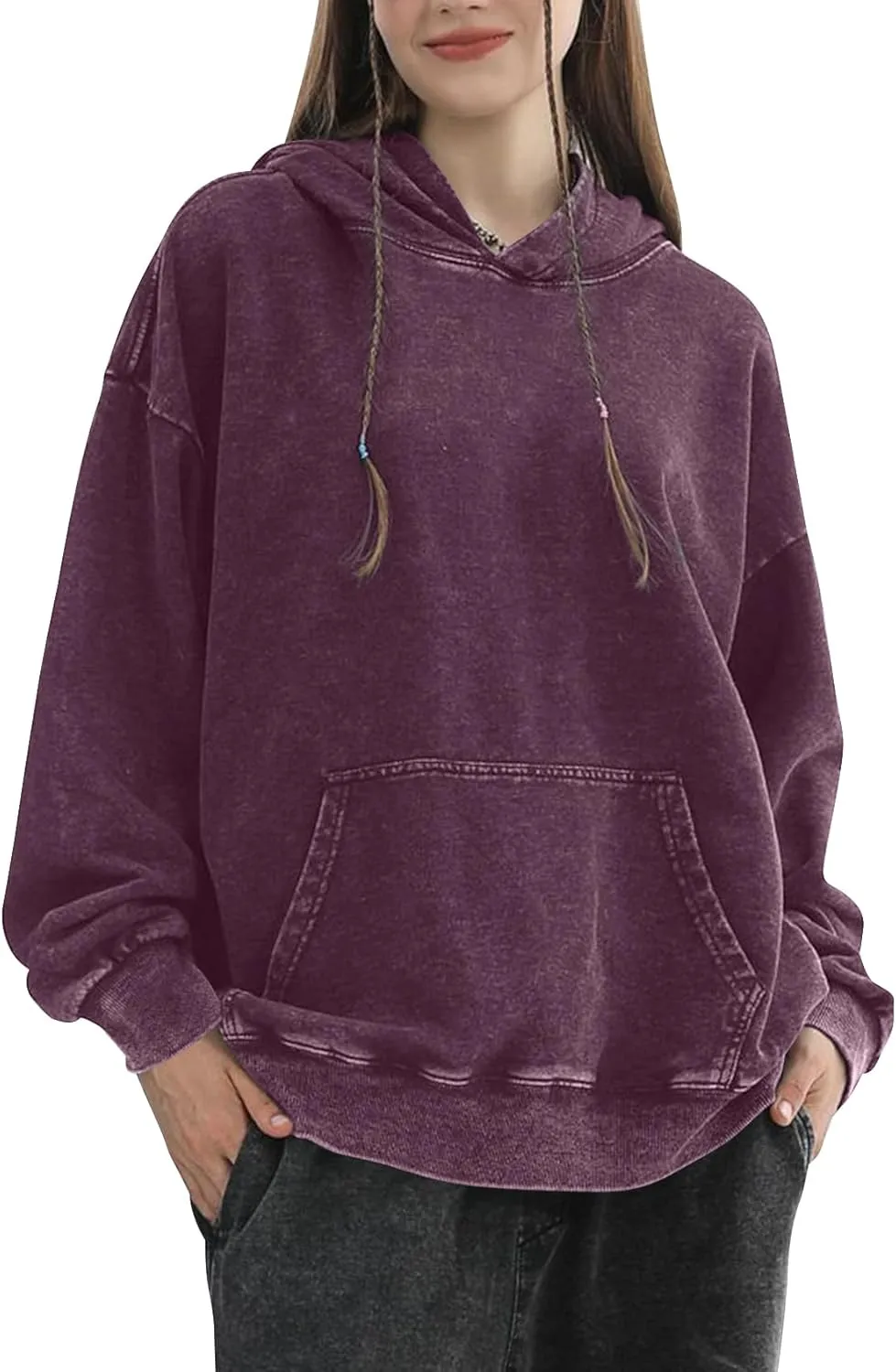 COZYPOIN Womens Oversized Hoodies Acid Wash Vintage Hooded Sweatshirt Cotton Basic Hoodie Spring Trendy Streetwear Purple