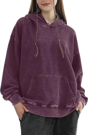 COZYPOIN Womens Oversized Hoodies Acid Wash Vintage Hooded Sweatshirt Cotton Basic Hoodie Spring Trendy Streetwear Purple