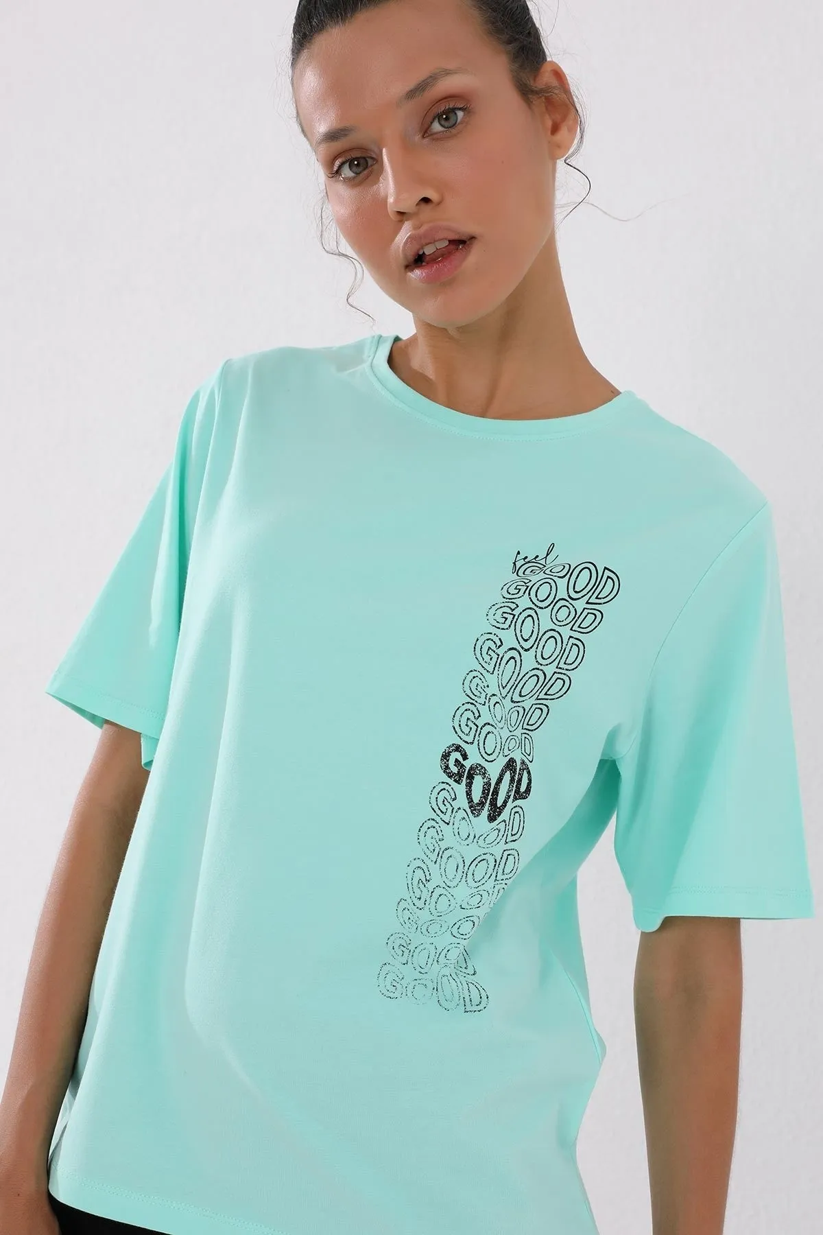deforme yazi baskili o yaka kadin oversize t-shirt - 97134