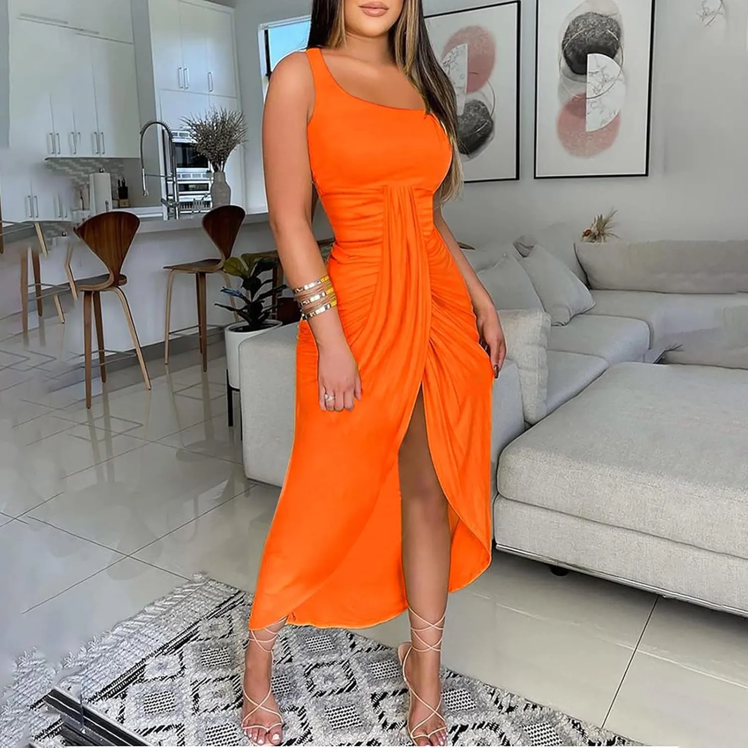 Dresses for Women 2023 Summer Strapless Long Dress Ruched High Waist Wrap Split Asymmetrical Party Club Dress Beach Sundress
