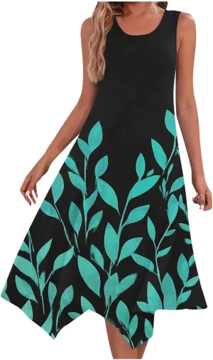 Dresses for Women 2025 Casual Summer Printed Sleeveless Crew Neck Flowy Sundersses Patchwork Beach Vacation Sundress