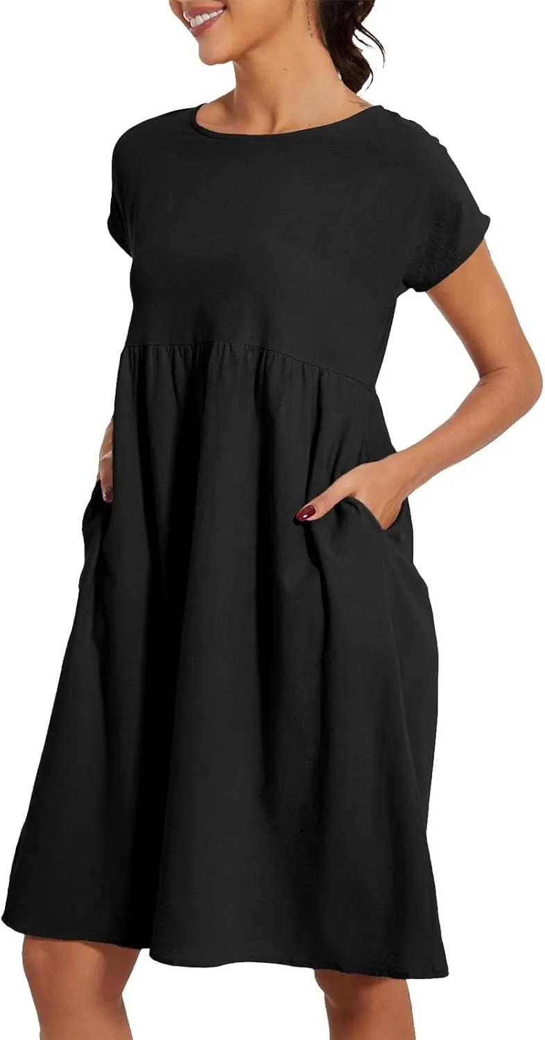 Dresses for Women Summer Short Sleeves Crew Neck Cotton Linen Solid Casual Vacation Beach Flowy Sundress with Pockets