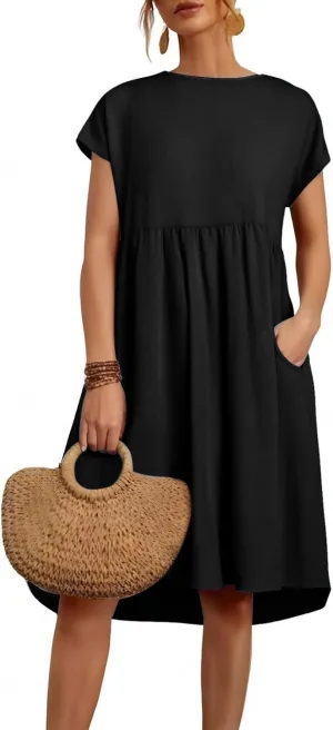 Dresses for Women Summer Short Sleeves Crew Neck Cotton Linen Solid Casual Vacation Beach Flowy Sundress with Pockets