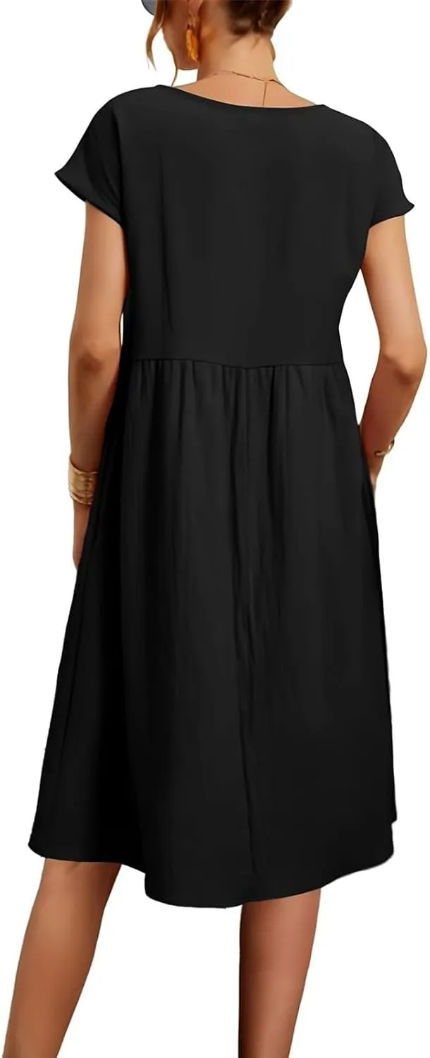 Dresses for Women Summer Short Sleeves Crew Neck Cotton Linen Solid Casual Vacation Beach Flowy Sundress with Pockets